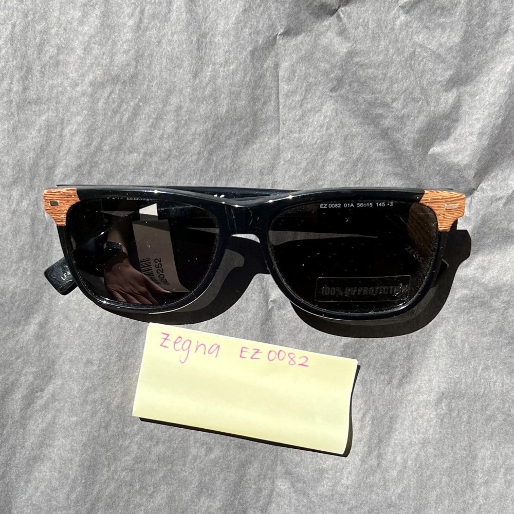 Ermenegildo Zegna Black & Grey Square Sunglasses with Wood Inserts - EZ0082-01A